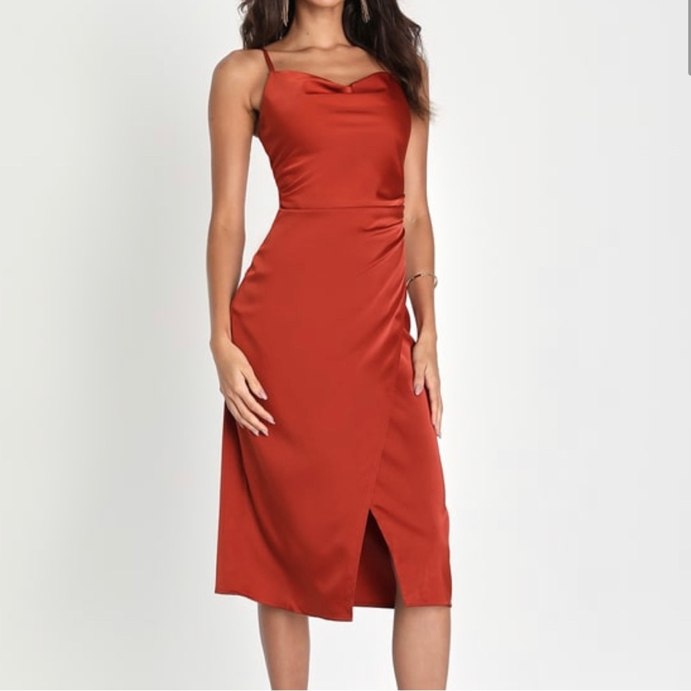 Burnt Orange Satin Midi Dress Gem